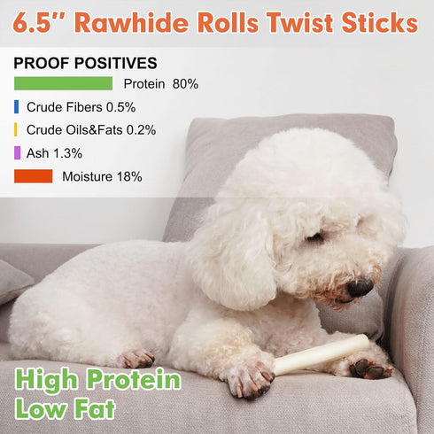 MON2SUN Dog Rawhide Rolls, Twist Sticks, 6-6.5 Inch Dog Chew Treats, Natural Flavor, 60 Count for Puppies.