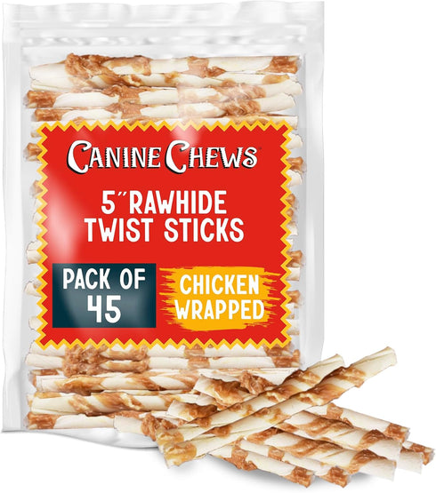 Canine Chews Chicken-Wrapped Rawhide Twists, Pack of 45, Premium Natural Beefhide Chews