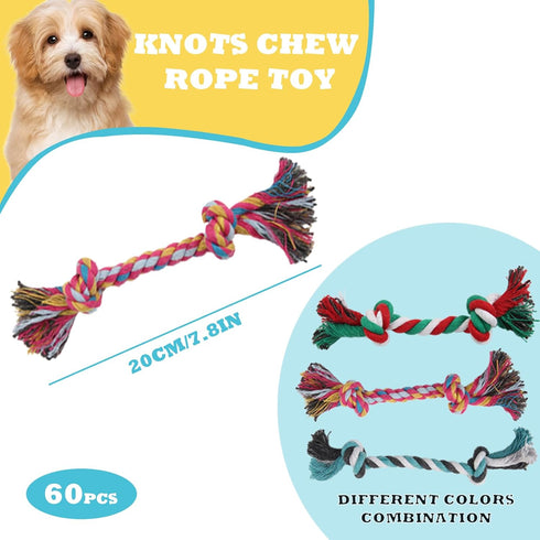 60 Pcs Multi Color Knot Rope Dog Chew Toys | Puppy Tug of War Toy for Small and Medium Dogs