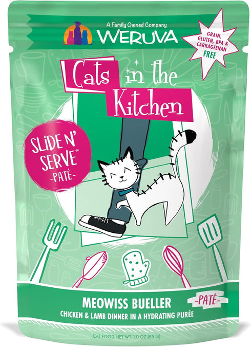 Weruva Cats in The Kitchen, Grain-Free Natural Wet Pate Cat Food Pouches, Meowiss Bueller, 3oz, Pack of 12
