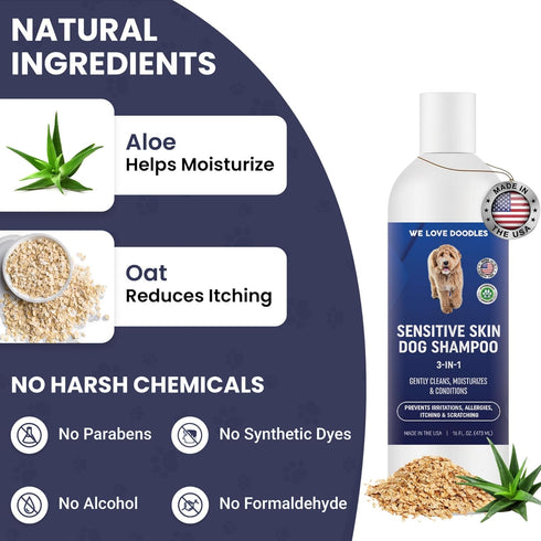 3-in-1 16 oz Premium Sensitive Skin Dog Shampoo, Great for Allergies, Itching, Scratching, Anti-Itch Shampoo for Dogs