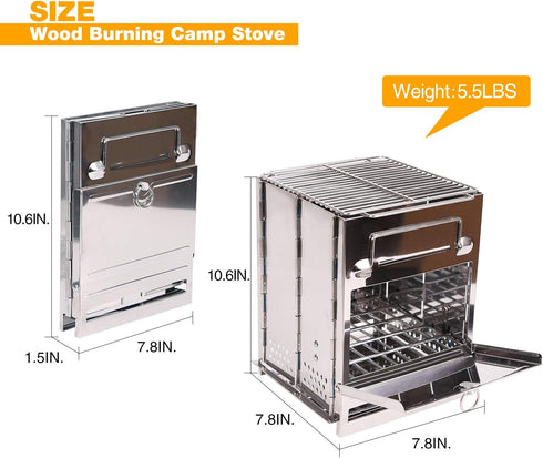 Portable Folding Camping Wood Stove for Outdoor Cooking, Lightweight Stainless Steel with Grill
