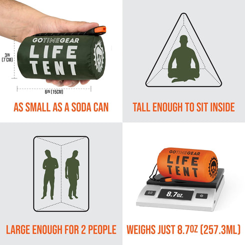 Go Time Gear Life Tent Emergency Survival Shelter, 2 Person Tent, Use as Survival Tent, Includes Whistle & Paracord.