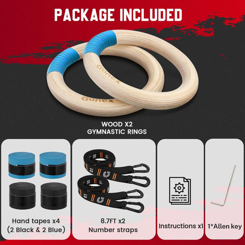 8.5 Gonex Wooden Gymnastic Rings with Adjustable Number Straps, Olympic Rings for Gym, Workout, Exercise, Outdoor