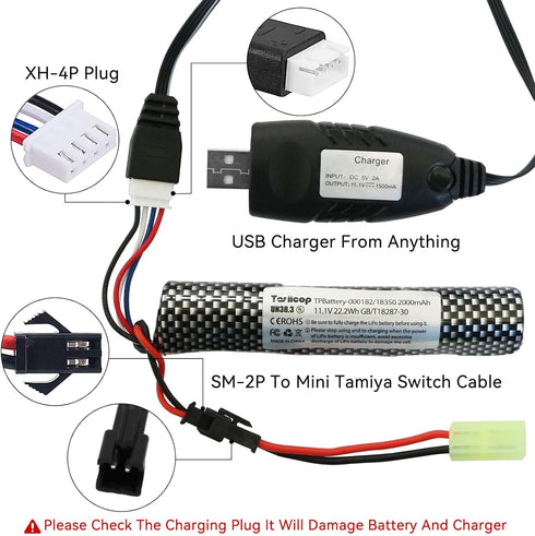 Tosiicop 11.1V 2000mAh SM2P 1 Pack Airsoft Gel Blaster Battery - Water Bead Splatter Ball Batteries with Mini Tamiya