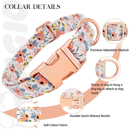Soft Cotton Dog Collar, Adjustable with Metal Buckle, Orange Floral Pendant for Small Medium Large Dogs (Large)