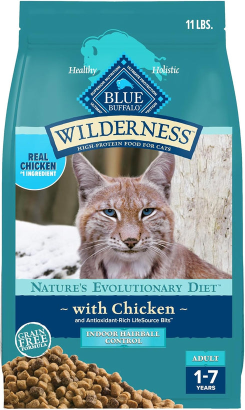 Blue Buffalo Wilderness High-Protein, Grain-Free Natural Dry Food for Adult Cats, Indoor Hairball Control, Chicken,
