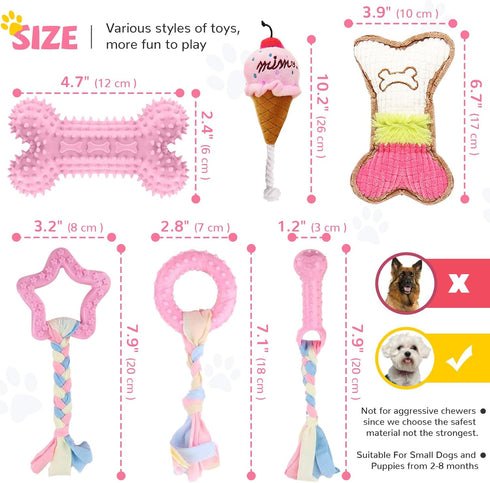 BAEJMJK 6 Pack Puppy Teething Toys, Pink Small Breed Chew Toys with Rope, Soft Rubber Set