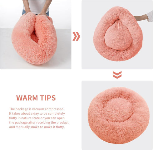 Cozy Soft Pink Calming Dog Bed 20x20inch for Small Dogs & Large Cats, Anti Anxiety Donut Cat Bed, Machine Washable