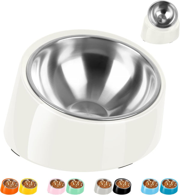 Tilted Angle Dog Bowl, 15° Slanted Stainless Steel Pet Feeder, Non-Slip & Non-Spill with Elevated Melamine Stand, White