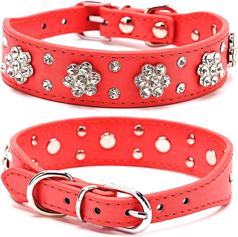 Rhinestone Dog Collar, Adjustable Cute Flower Bling PU Leather Collar for Small Medium Large Dogs (M, Red)