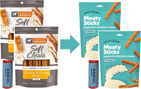 Wiggles & Wags Meaty Sticks, Formerly Simply Nourish Soft Chews, Chicken & Cheese Dry Dog Food, 6oz, 2 Pack