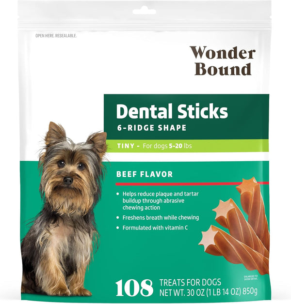 Wonder Bound Beef Flavor Dental Sticks for Tiny Dogs (5-20 lbs), 6-Ridge