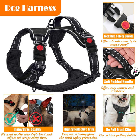 No Pull Dog Harness, Collar & Leash Set with Dog Seat Belt, Collapsible Bowls & Poop Bag Dispenser for Small to Large