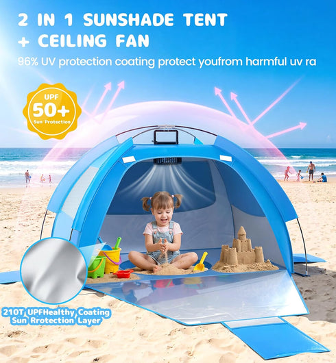 Dsquu Baby Beach Tent Solar Cooling Fan, Anti-UV Toddler Beach Tent Sun Shelter Portable Travel Fan Beach Shade Tent