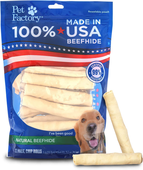 Pet Factory 100% Made in USA Beefhide 5" Chip Rolls Dog Chew Treats, Natural Flavor, 22 Count/1 Pack
