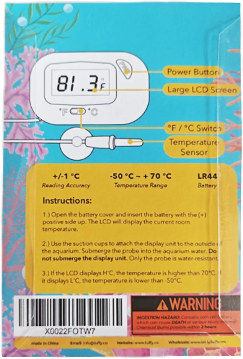 SunGrow Digital Betta Thermometer for Tropical Aquarium Fish, Black Color, 4 Suction Cups and 2 Batteries Included, 2