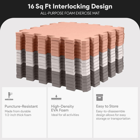 16-Pack 12x12 Inches 0.4-Inch 16 BalanceFrom EVA Interlocking Foam Play Tile Mat, Cream/Gray/Beige Thick Non-Slip