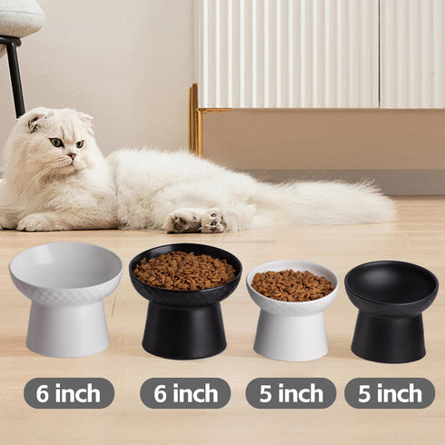 Small Ceramic Raised Cat Bowls, Tilted Elevated Food or Water Bowls, Dishwasher Safe, White