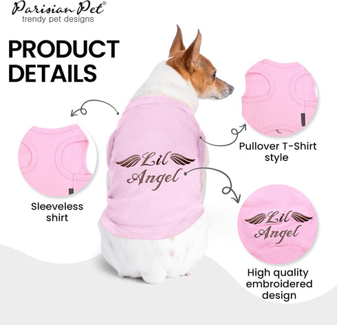 Dog Tshirt - Embroidered “Lil Angel“ - Parisian Pet, 100% Cotton, Pink, Sleeveless Shirt for Large Dogs - XL