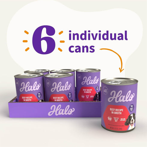 13.2 Oz (Pack 6) Halo Wet Dog Food Whole Beef Stew Recipe, Healthy Grains Real Meat Canned Dog Food, Meal or Topper