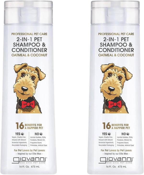 GIOVANNI Professional 2-in-1 Pet Shampoo & Conditioner, 16 oz (Pack of 2), for Dogs & Cats, Oatmeal & Coconut, Helps