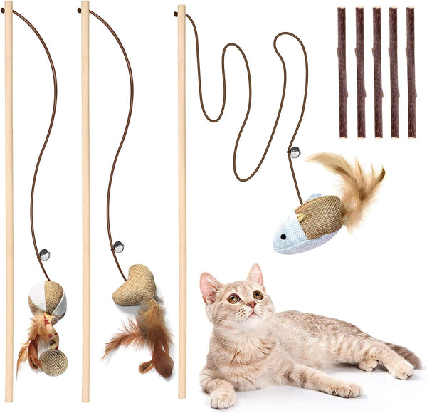 Natural Wood Cat Teaser Wand Toy, 3pcs 16 Inch Catnip Sticks for Teeth Cleaning and Indoor Exerciser