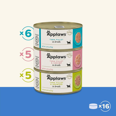 Applaws Natural Wet Cat Food, 16 Count, Limited Ingredient Canned Wet Cat Food, Fish Variety Count in Broth, 2.47oz Cans