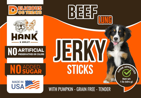 1 lb 100% Hank & Harley Jerky Sticks Beef Lung - USA Lean Protein Soft Dog Treats with Pumpkin. Natural, NO Added