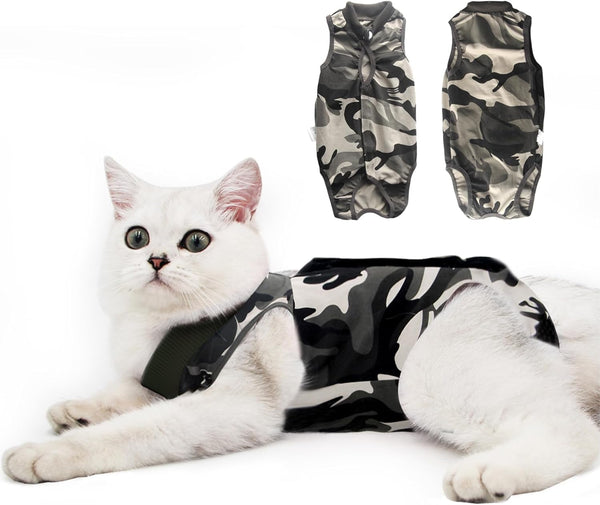 DOTON Cat Recovery Suit for Male & Female - Soft Cone Onesie Shirt, Neuter Licking Protective Outfit (M, Camouflage)