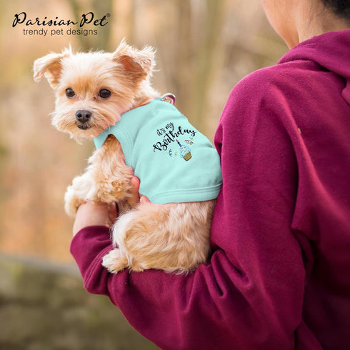 Parisian Pet Dog T-Shirt - 'It's My Birthday' Embroidered Sleeveless Shirt, Blue Tee for Medium Dogs, M