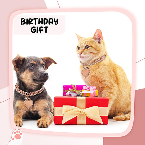 Hillban Rose Gold-Plated Diamond Dog Chain Collar with Heart Rhinestones, Personalized Name Tag for Small, Medium, and
