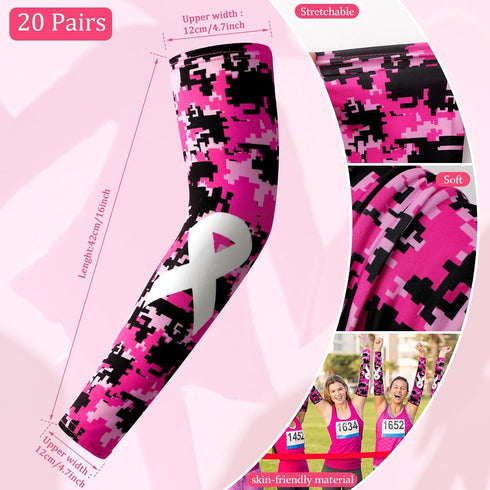Leumoi 20 Pairs Breast Cancer Arm Sleeves - Pink Ribbon Compression UV Sleeves