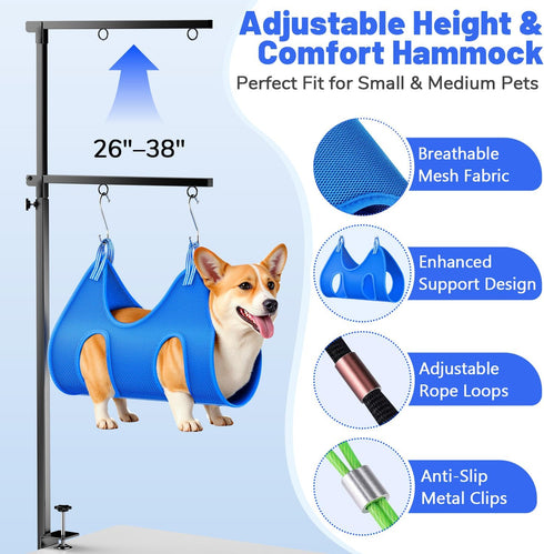 Hammock, 26"-38" 2 Dog Grooming Arm with Adjustable Foldable Grooming Table Arm with Clamp & No-Sit Holders, Heavy Duty