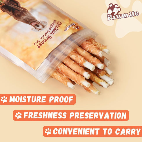 20-21 Counts, 10.6 oz Pawmate Dog Treats Chicken Wrapped Rawhide Sticks w/Taurine, Long Lasting Dog Chews Trainning