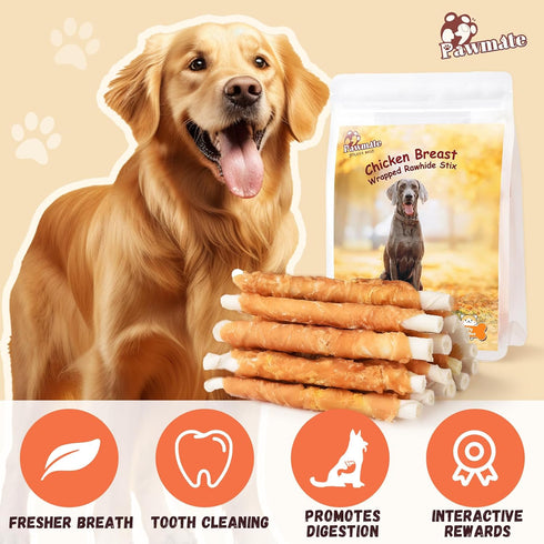 20-21 Counts, 10.6 oz Pawmate Dog Treats Chicken Wrapped Rawhide Sticks w/Taurine, Long Lasting Dog Chews Trainning