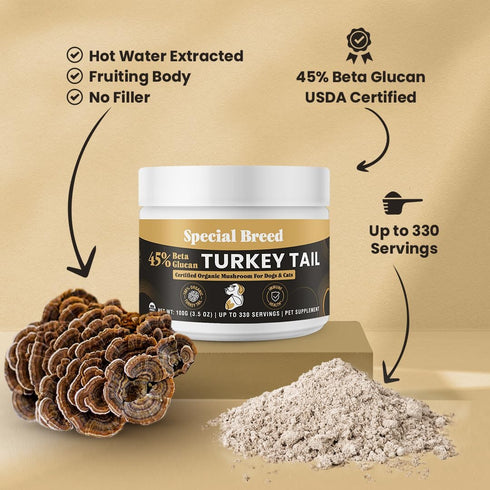 45% Immune 330 Organic Turkey Tail Mushroom for Dogs and Cats, Beta Glucan Standardized, Hot Water Extracted Whole