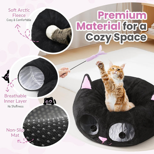 Baseola Cat Tunnel Bed for Indoor Cats, Peekaboo Cat Cave with Washable Soft Play Mat, Furry Cat Tube