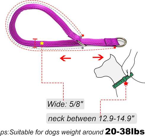 Reflective Slip Dog Collar with Soft Padded Loop for Dogs Training (5/8" W x 15.5" L, Purple), Suitable for 20-38 lbs