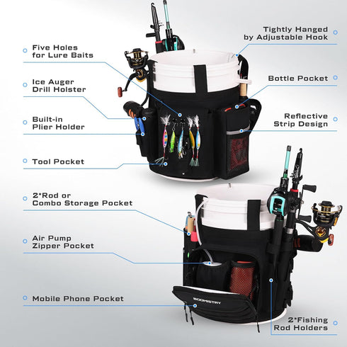 Fishing Bucket Organizer for 5 Gallon Bucket, Tackle Bag with Adjustable Buckle and 15 Multi-Pockets