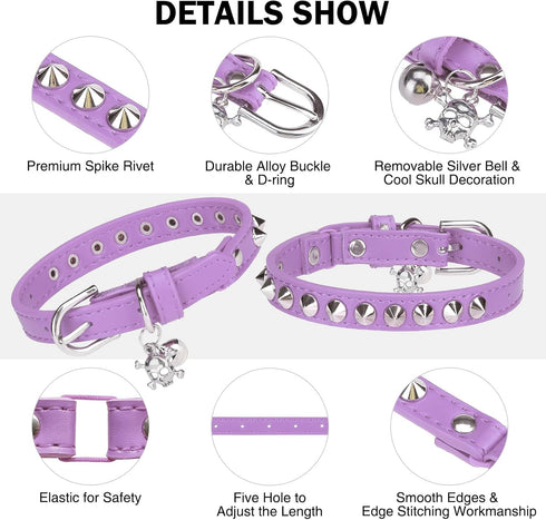 Leather Cat Collars for Boy Girl Cats with Bell and Safety Elastic Belt, Personalized Rivets Stud Adjustable Safe Buckle Collar with Skull Charm for Kitty Small Pets, Purple