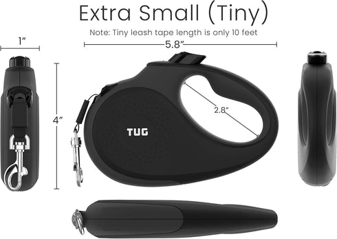 TUG Tiny 360° Tangle-Free Retractable Dog Leash with Anti-Slip Handle | 10 ft Nylon Tape (Black/Grey)