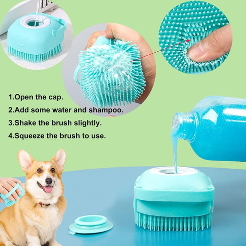 Soft Safe Silicone Pet Bathroom Massage Cleaning Grooming Tools Dog Cat Bath Brush with Shampoo Box (Blue), Small