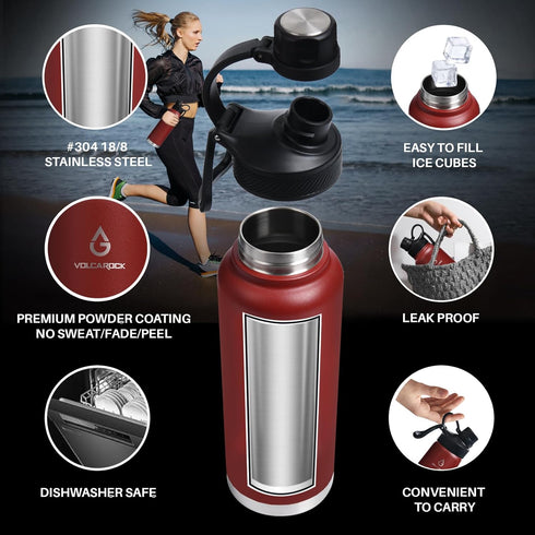 Insulated Sports Water Bottle with Straw Lid, 3 Lids, 40 Oz, Brick Red, Dishwasher Safe & BPA Free