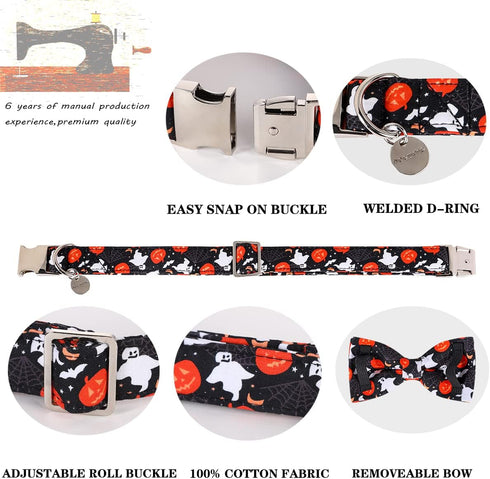 DOGWONG Halloween Black Ghost Dog Collar, Adjustable Soft Comfy Pet Collar with Removable Bow Tie for Small Medium