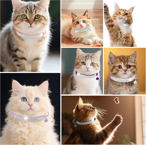 EXPAWLORER Soft Velvet Cat Collars for Girls - 2 Pack Adjustable Rhinestones Bling Breakaway Collars with Bells