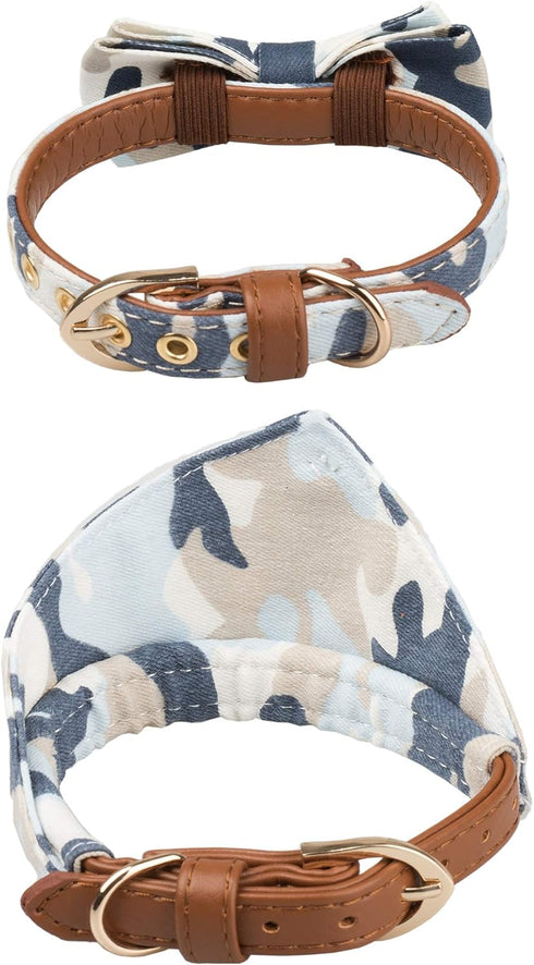 Small Dog Collar Puppy Cat Tiny Pet Bow Tie & Bandana Set, 2pcs PU Leather Canvas Scarf, Durable Camo-Blue
