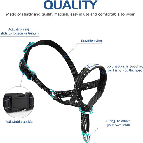 Pawaboo Dog Muzzle, Adjustable Head Halter Collar, Reflective Nylon, Anti-Biting Control, Small Size, Black