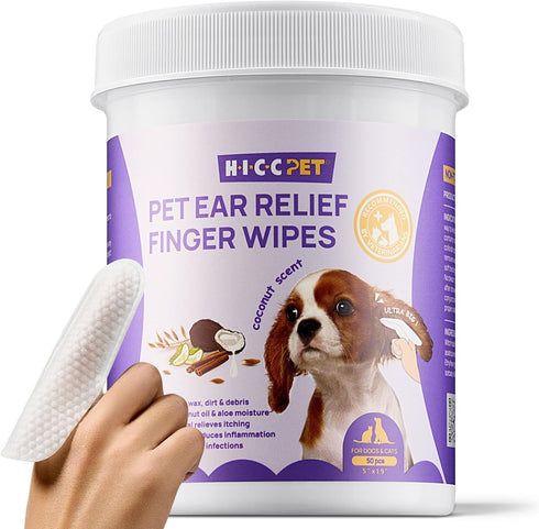 HICC PET Ear Finger Wipes for Dogs & Cats - Gently Remove Ear Wax, 50 Count