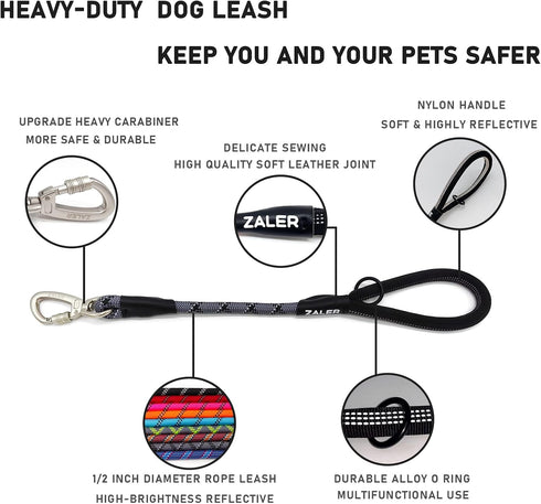 Short Dog Leash, 26 Inches Rope Traffic Leashes for Dogs, Reflective Lead with O-Ring, Heavy Duty for Large Medium